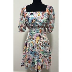 VENUS Paisley Mini Dress Women’s 4 Puff Sleeve Smocked Waist Square Neck Boho